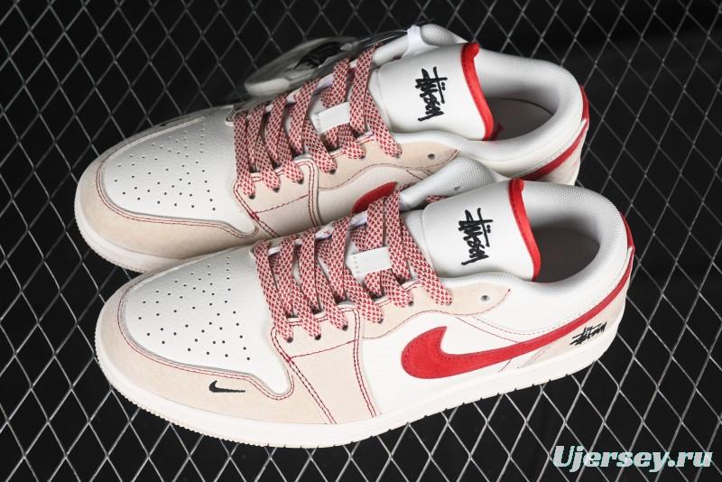 Nike Air Jordan 1 Low Stussy Collaboration Khaki Red Hook Retro Basketball Shoes - SJ9950-040