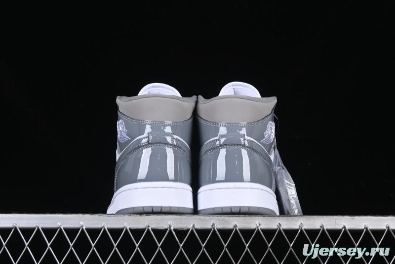 Nike Air Jordan 1 Mid AJ1 High-Top Basketball Shoes in White Grey Patent Leather - HF3216-100