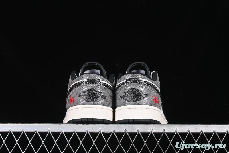 Nike Air Jordan 1 Low Retro Basketball Shoes with Custom Stussy Grey Snake Design - FC1688-202