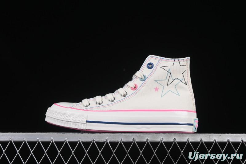 Converse Chuck 1970s High Top Casual Sneakers with Star Stitching and White-Pink-Blue Mismatched Design - A15744C