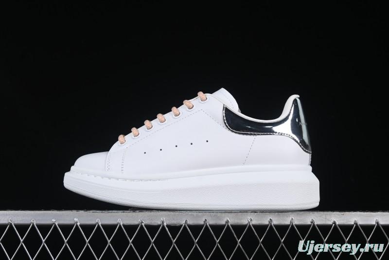 Alexander McQueen Oversized Sneakers with Mirror Silver Heel - White Leather Lace-Up Shoes