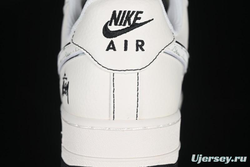 Nike Air Force 1 '07 Low Stussy Collaboration Beige Black Floral Swoosh Casual Sneakers - HH7518-040