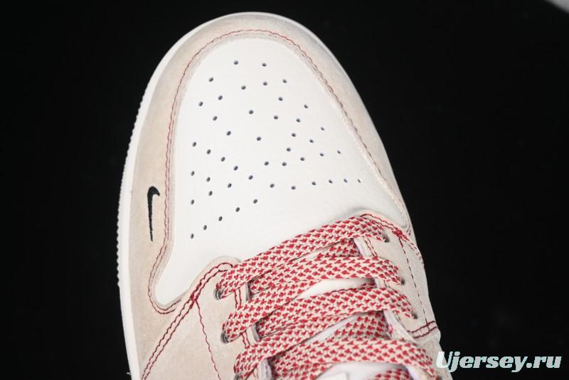 Nike Air Jordan 1 Low Stussy Collaboration Khaki Red Hook Retro Basketball Shoes - SJ9950-040