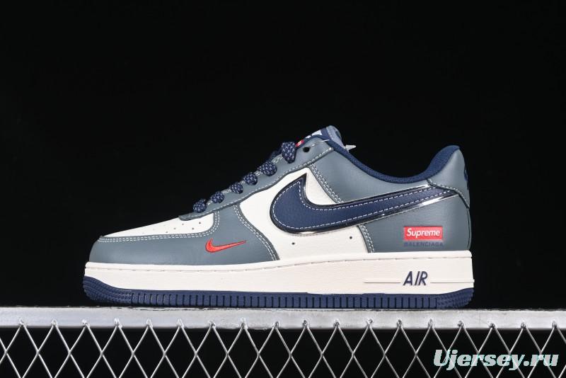 Nike Air Force 1 '07 Low Supreme Casual Sneakers in Grey Blue with Red Swoosh - XZ6188-382