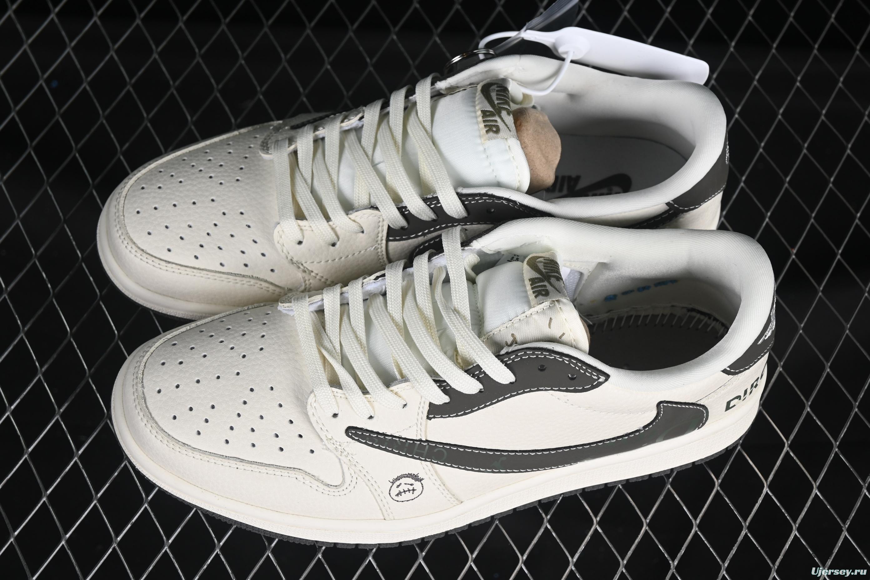 Nike Travis Scott x Fragment Design x Air Jordan 1 Low OG SP AJ1 Retro Sneakers with Reverse Swoosh and Cactus Jack Branding - LD2025-006