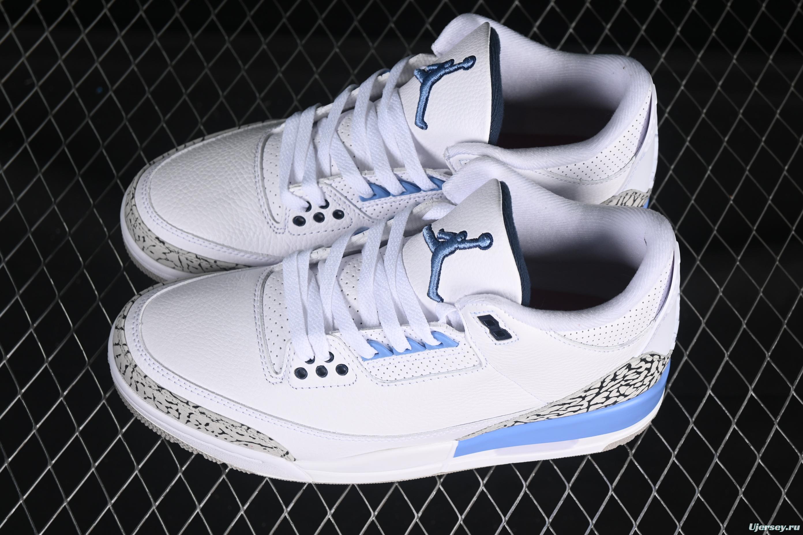 Nike Air Jordan 3 Retro UNC White Blue Cracked Leather Basketball Shoes - CT8532-104