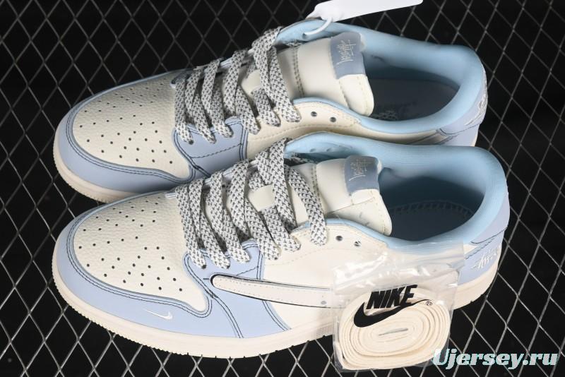Nike Travis Scott x Fragment Design x Air Jordan 1 Low OG SP AJ1 Retro Sneakers with Blue Splatter Design - ZH2598-249