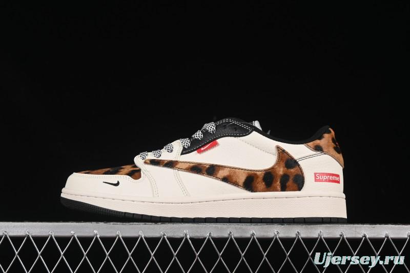 Nike Travis Scott x Fragment Design x Air Jordan 1 Low OG SP AJ1 Supreme Collaboration Leopard Print Low-Top Casual Sneakers - JJ2508-555