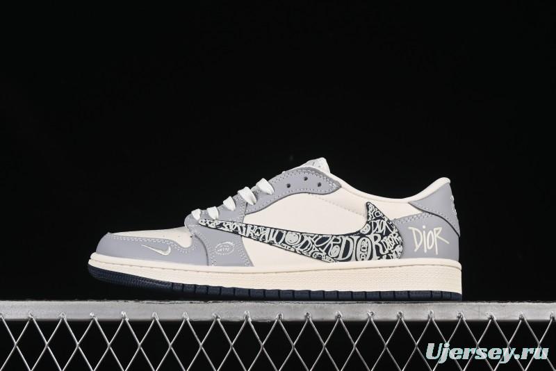Nike Travis Scott x Fragment Design x Air Jordan 1 Low OG SP AJ1 Dior Collaboration Embossed Pattern Low-Top Casual Sneakers - XS2024-023