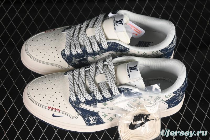 Nike Travis Scott x Fragment Design x Air Jordan 1 Low OG SP Casual Sneakers with Blue Denim - YX5066-326