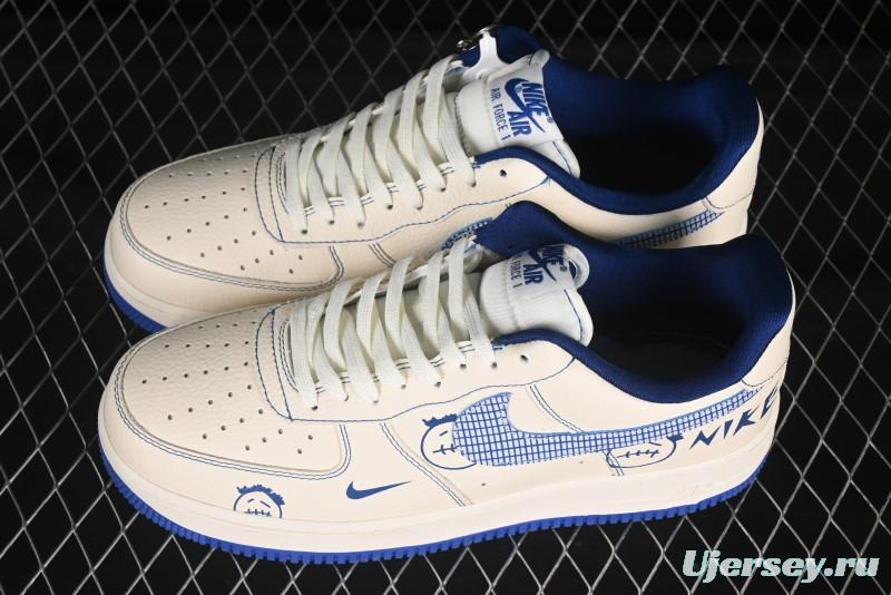 Nike Air Force 1'07 Low Casual Sneakers with Blue Line Ghost Face Design - DF0188-053