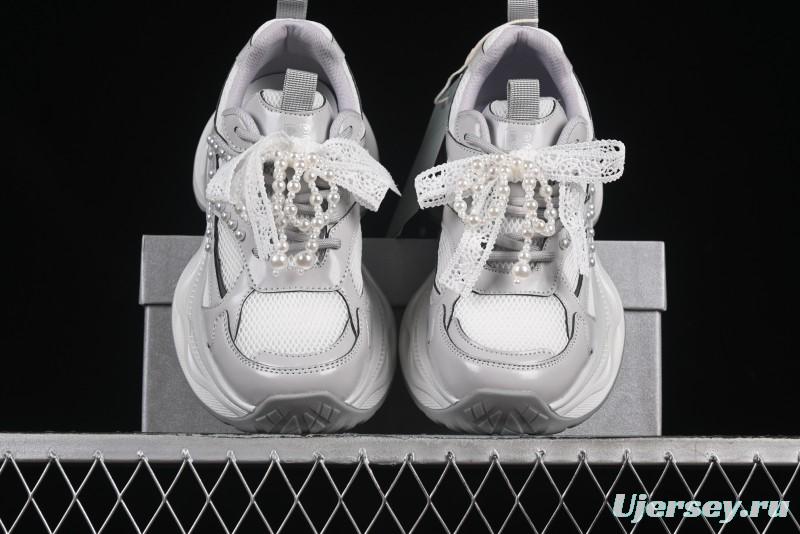 GG-CC Lace Pearl Chain Casual Platform Dad Shoes - 250310 Silver