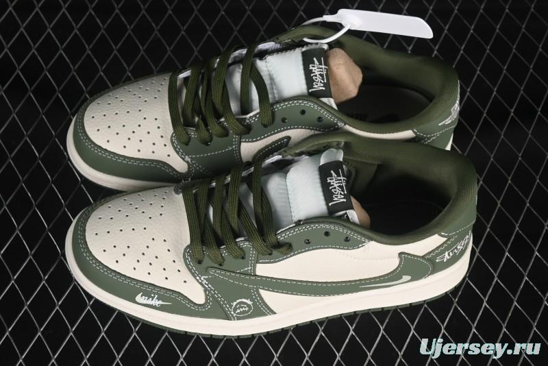 Nike Travis Scott x Fragment Design x Air Jordan 1 Low OG SP AJ1 Stussy Collaboration Oil Green Swoosh Low Top Casual Sneakers - XS2024-025