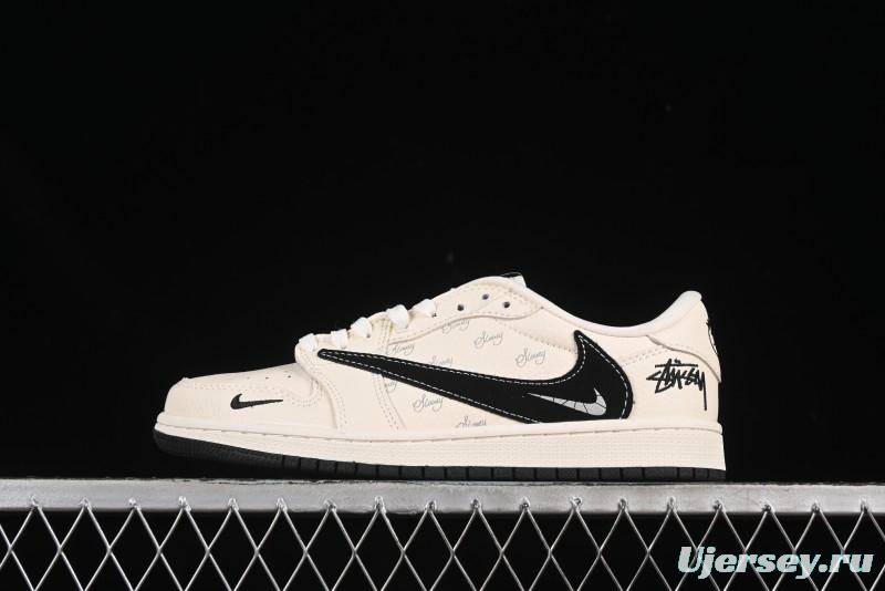 Nike Travis Scott x Fragment Design x Air Jordan 1 Low OG SP AJ1 Stussy Collaboration Black Beige Reverse Swoosh Low-top Casual Sneakers - XS2024-043