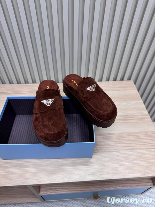 2025 Women Prada Brown Suede Platform Loafers