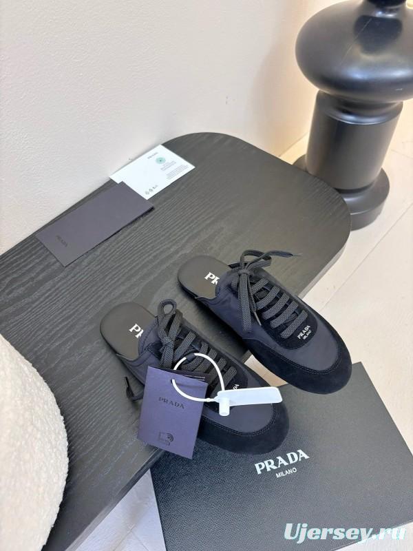 2025 Women Prada Black Suede Nylon Casual Lace-up Shoes