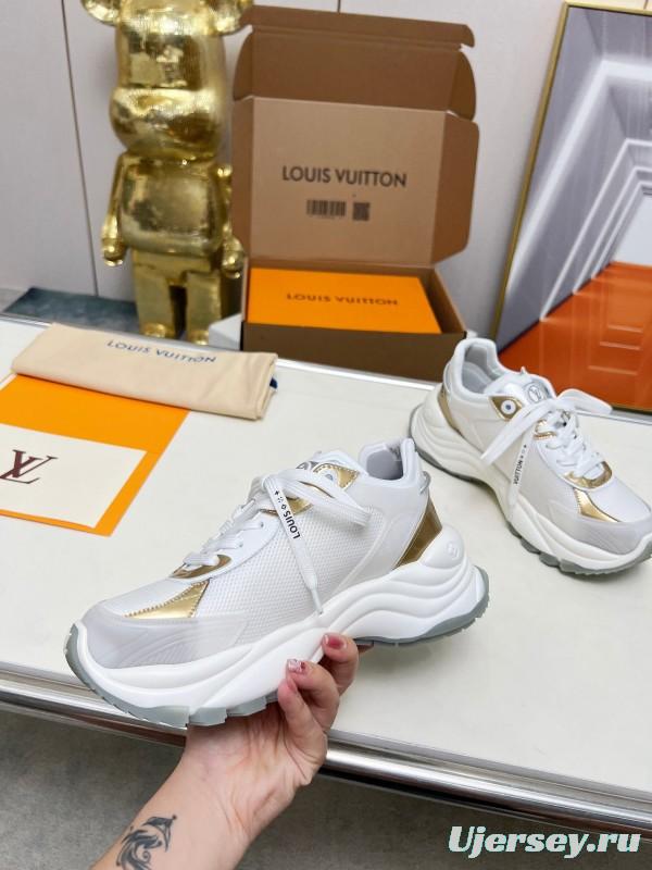 2025 Women Louis Vuitton White Gold Leather Mesh Sneakers LY00340