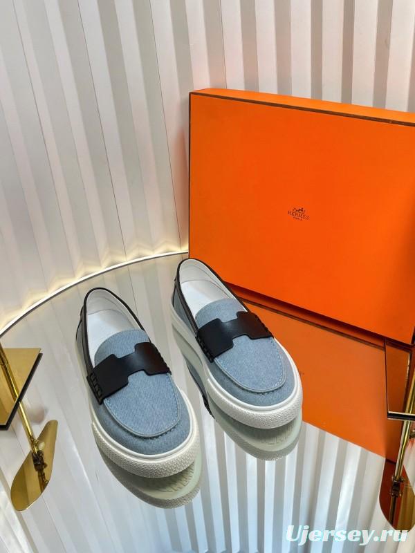 2025 Women Hermès Blue Black Leather Denim Loafers LY00310