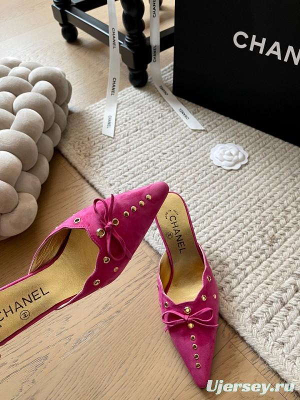 2025 Women Chanel Pink Suede Slip-on Mules KFY00290