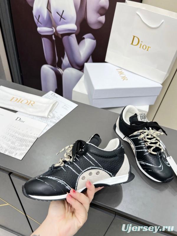 2025 Women Dior Black White Leather Sneakers Handwritten Logo KFY00290
