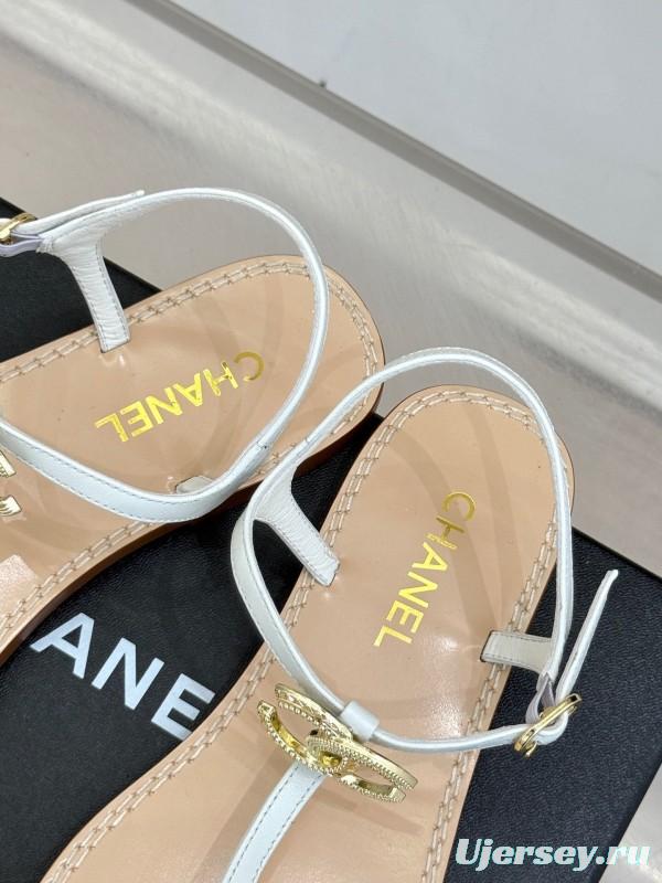 2025 Women Chanel White Leather Sandals KFY00290