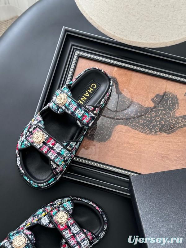 2025 Women Chanel Multi Color Fabric Leather Sandals LY00310