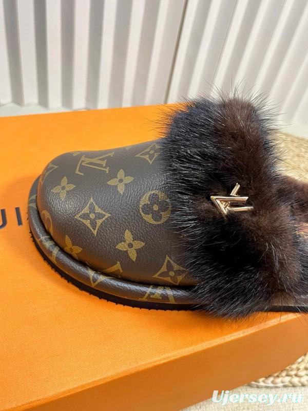2024 Slippers Louis Vuitton Brown Leather Mink Fur Slippers MJ00340