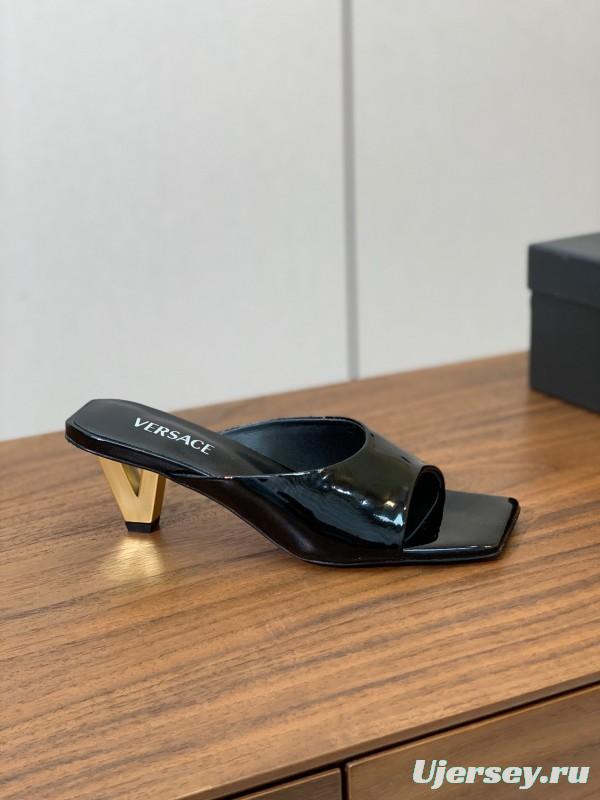 2025 Women VERSACE Black Patent Leather Slippers