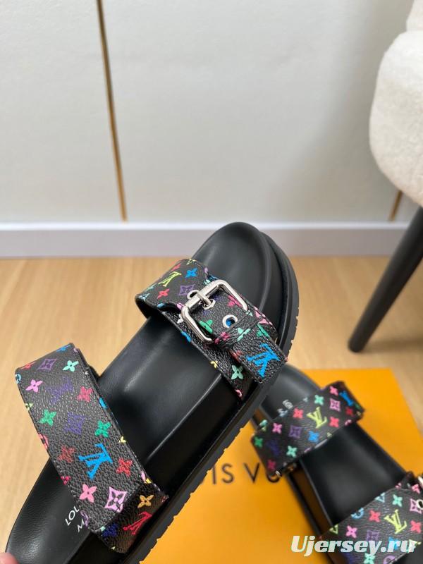 2025 Women Louis Vuitton Black Rainbow Canvas Slippers KFY00280