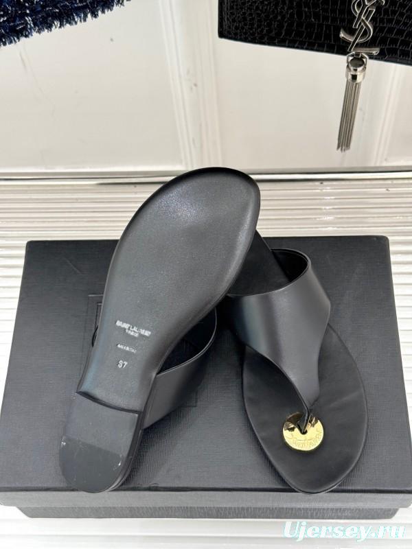 2025 Slippers Yves Saint Laurent Black Leather Slippers KFY00270
