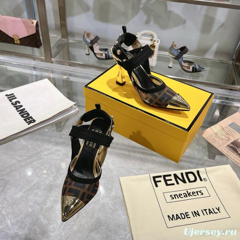 2025 Women Fendi Brown Black Leather Mesh High Heels MJ00280