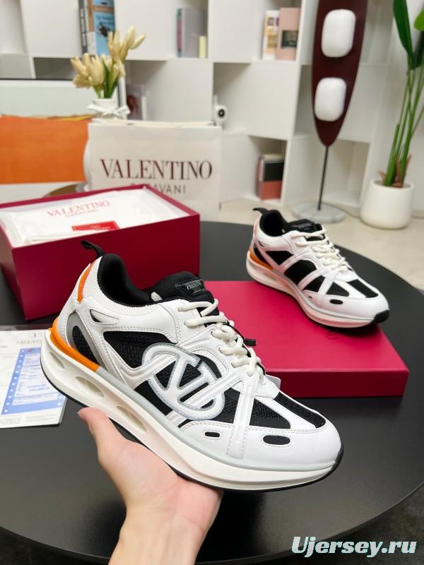 2025 Unisex Valentino White Black Orange Mesh Leather Sneakers Vlogo LY00410