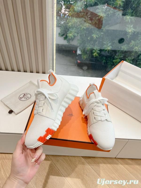 2024 Unisex Hermès white orange knit leather sneakers