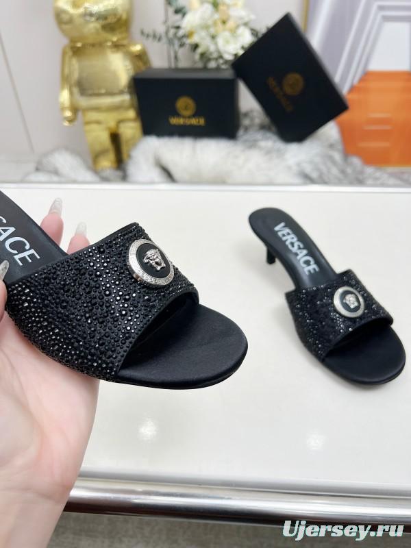 2025 Women VERSACE Black Silk Rhinestone Square Toe Sandals MJ00230