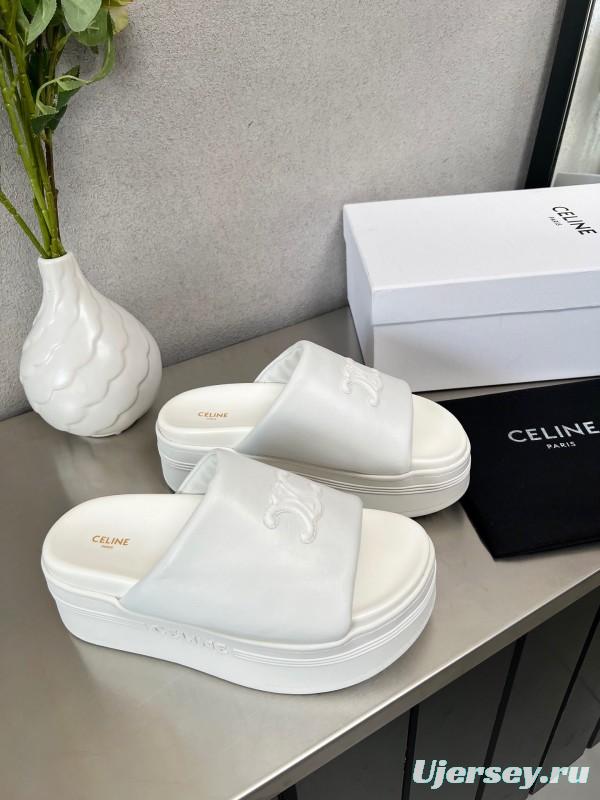 2025 Slippers Celine White Leather Platform Embossed LY00240