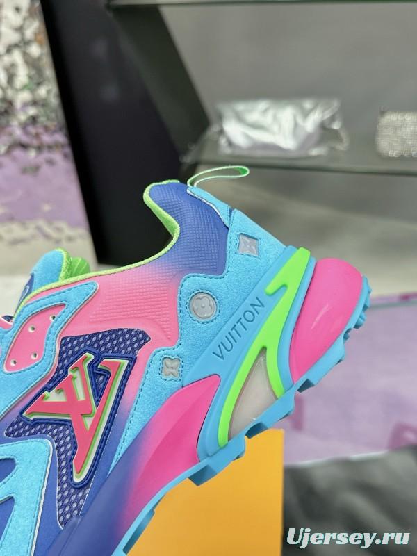 2025 Men Louis Vuitton Blue Pink Green Mesh Leather Sneakers MJ00420