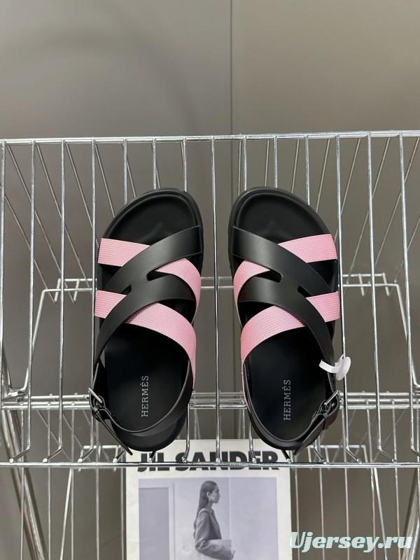 2025 Women Hermès Pink Black Leather Sandals