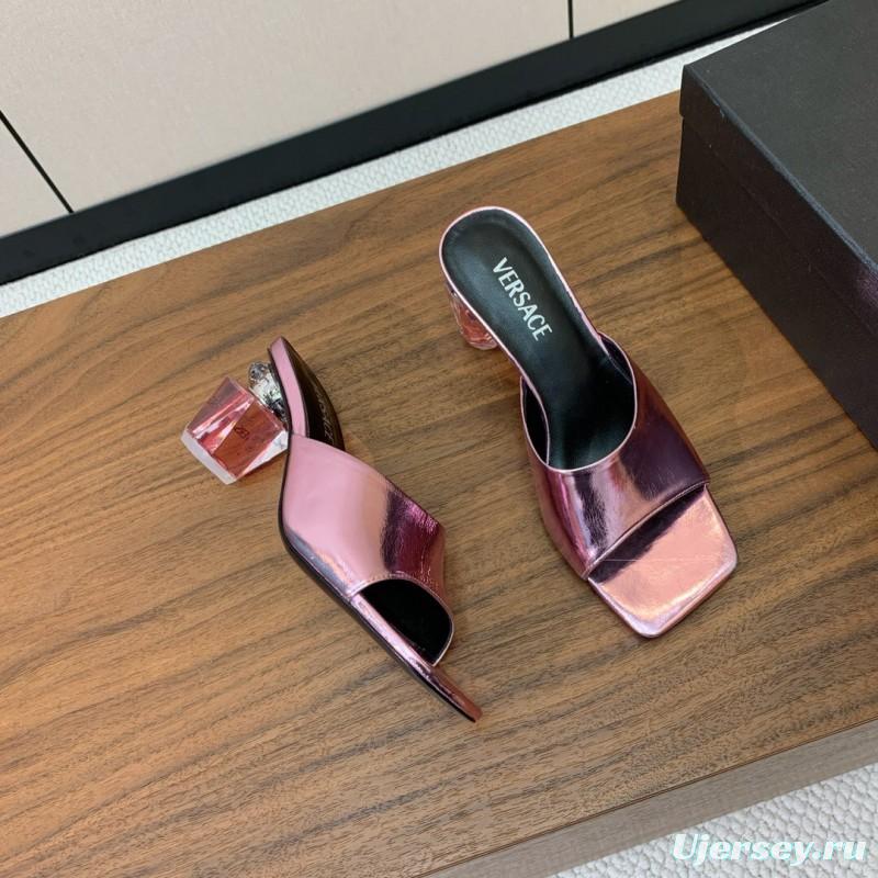 2025 Women VERSACE Pink Leather Slippers