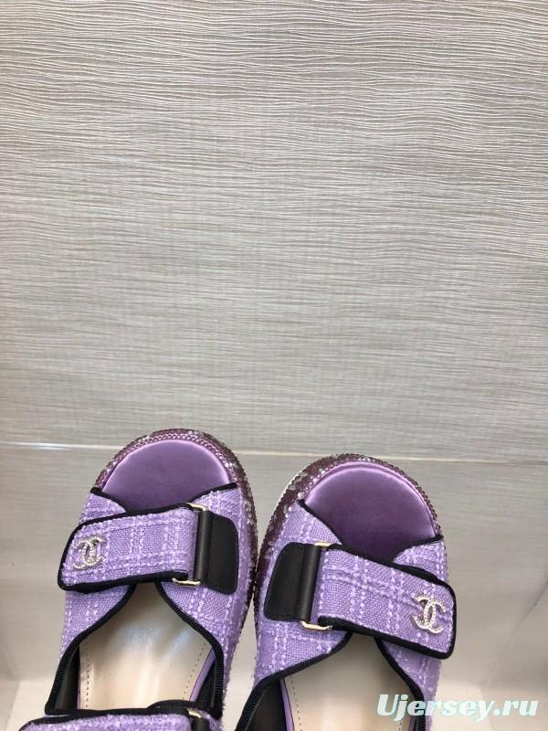 2025 Slippers Chanel Purple Fabric Wedge Sandals