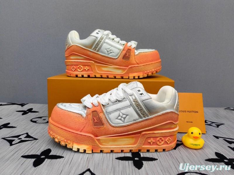 2025 Unisex Louis Vuitton Orange White Denim Leather Plimsolls Complex Wash KFY00510