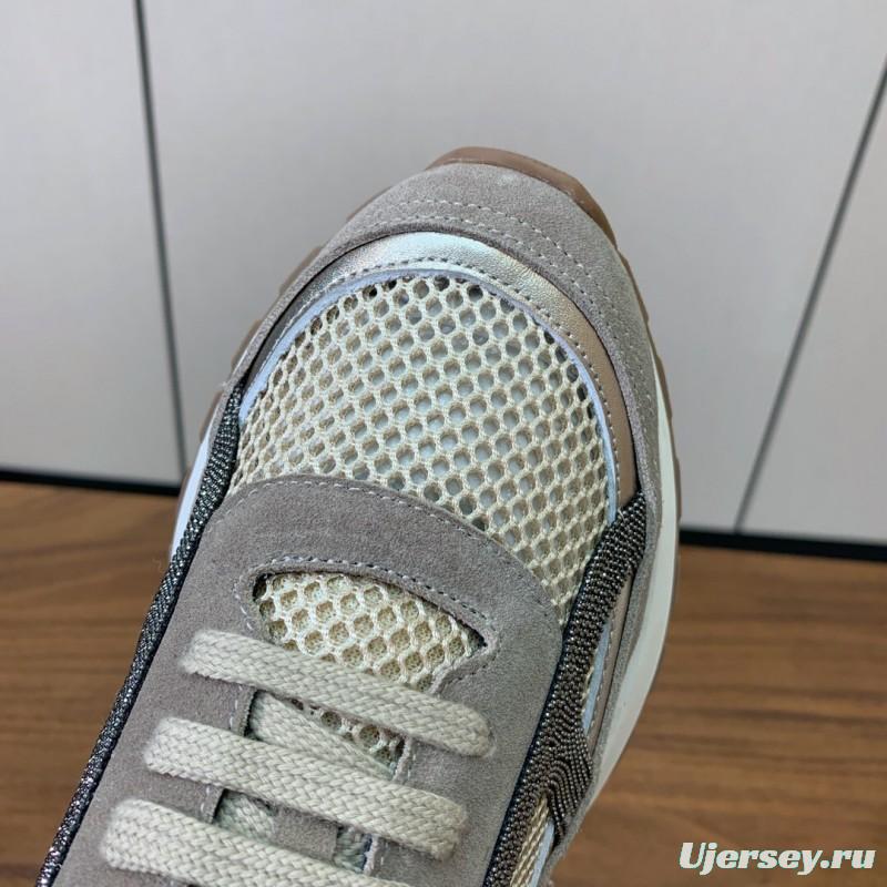 2025 Women Brunello Cucinelli Beige Brown Mesh Leather Sneakers