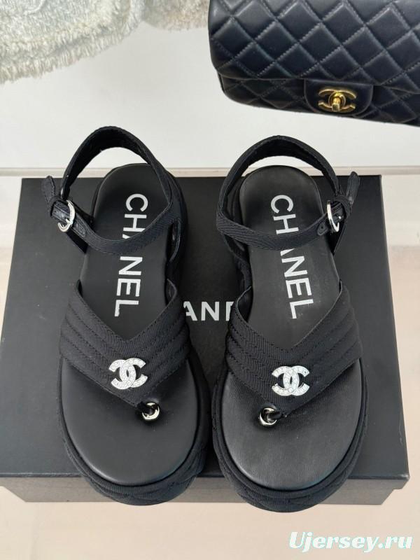 2025 Women Chanel Black Fabric Platform Sandals