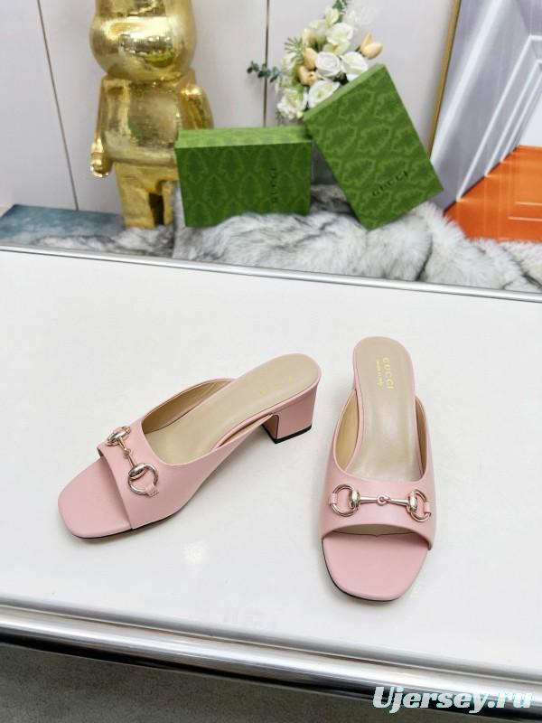 2025 Women Gucci Pink Leather Block Heel Mules MJ00180