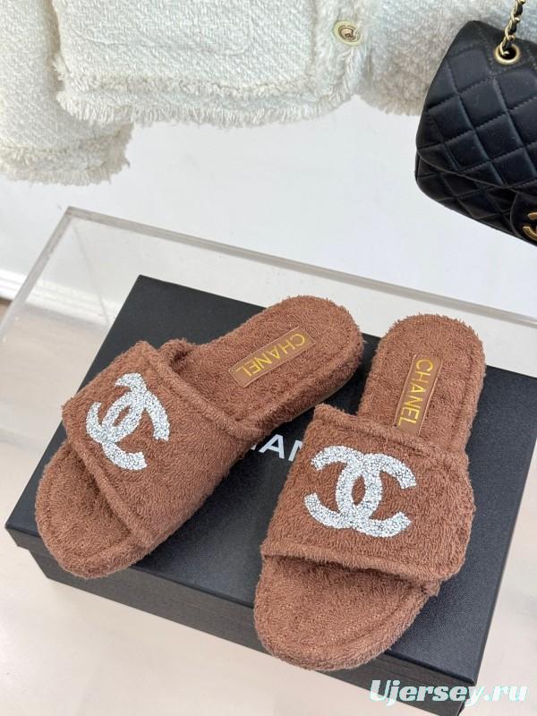 2025 CHANEL Brown Terrycloth Slippers CC Logo KFY00220