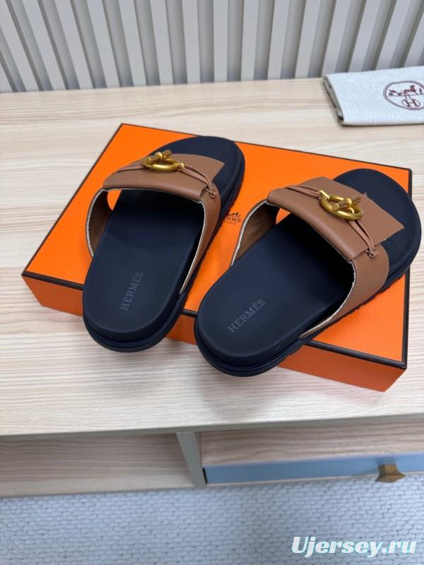 2025 Slippers Hermès Brown Black Leather Slippers