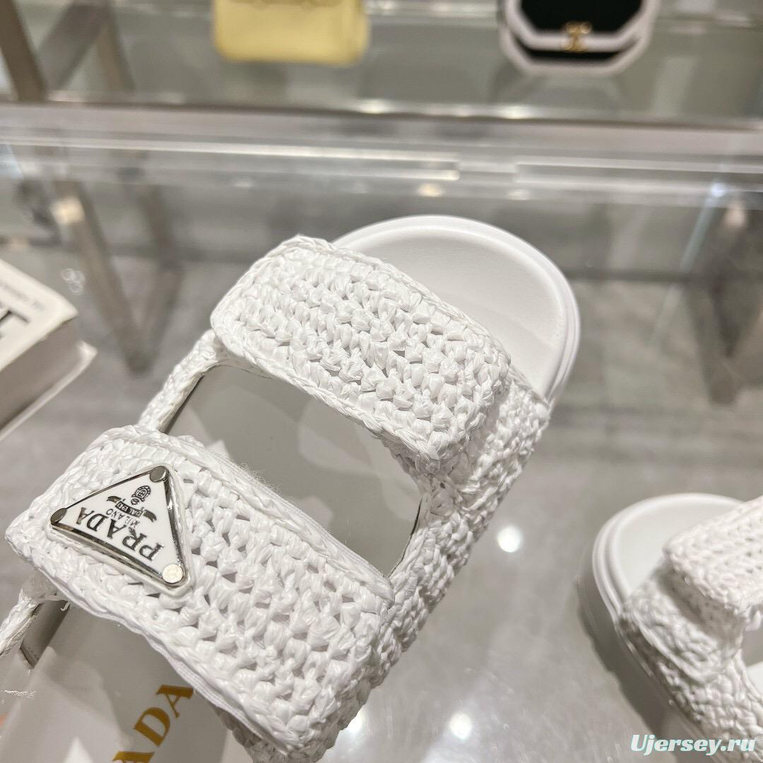 2025 Women Prada White Knitted Platform Sandals