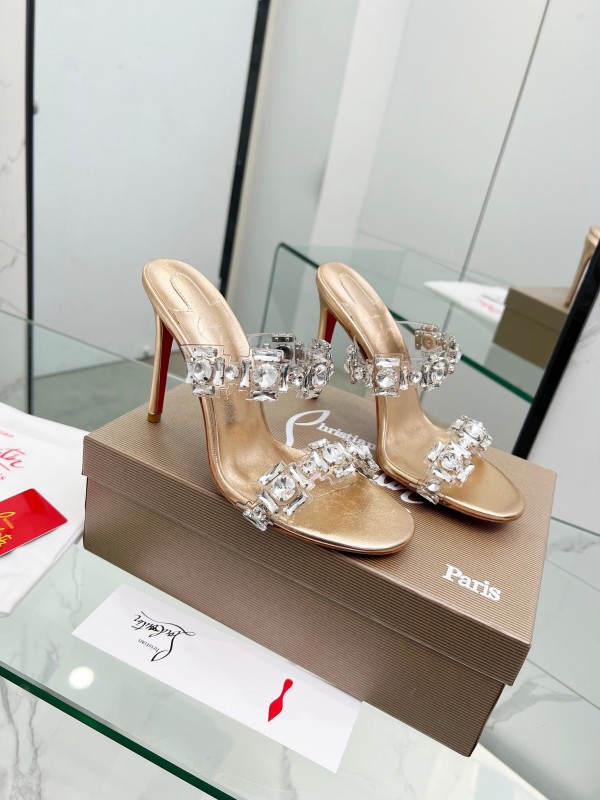 2025 Women Christian Louboutin Gold Leather High Heel Sandals LY00300