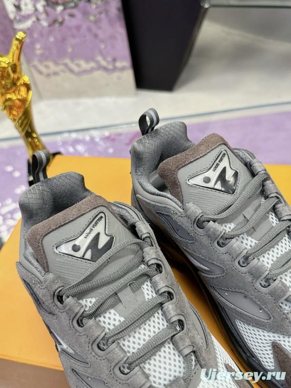 2025 Men Louis Vuitton Grey White Mesh Leather Sneakers MJ00420