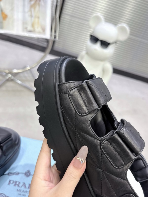 2025 Women Prada Black Leather Sandals