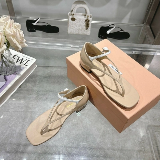2025 Women MiuMiu Beige Leather T-Strap Sandals With Clear Heel KFY00289(F)